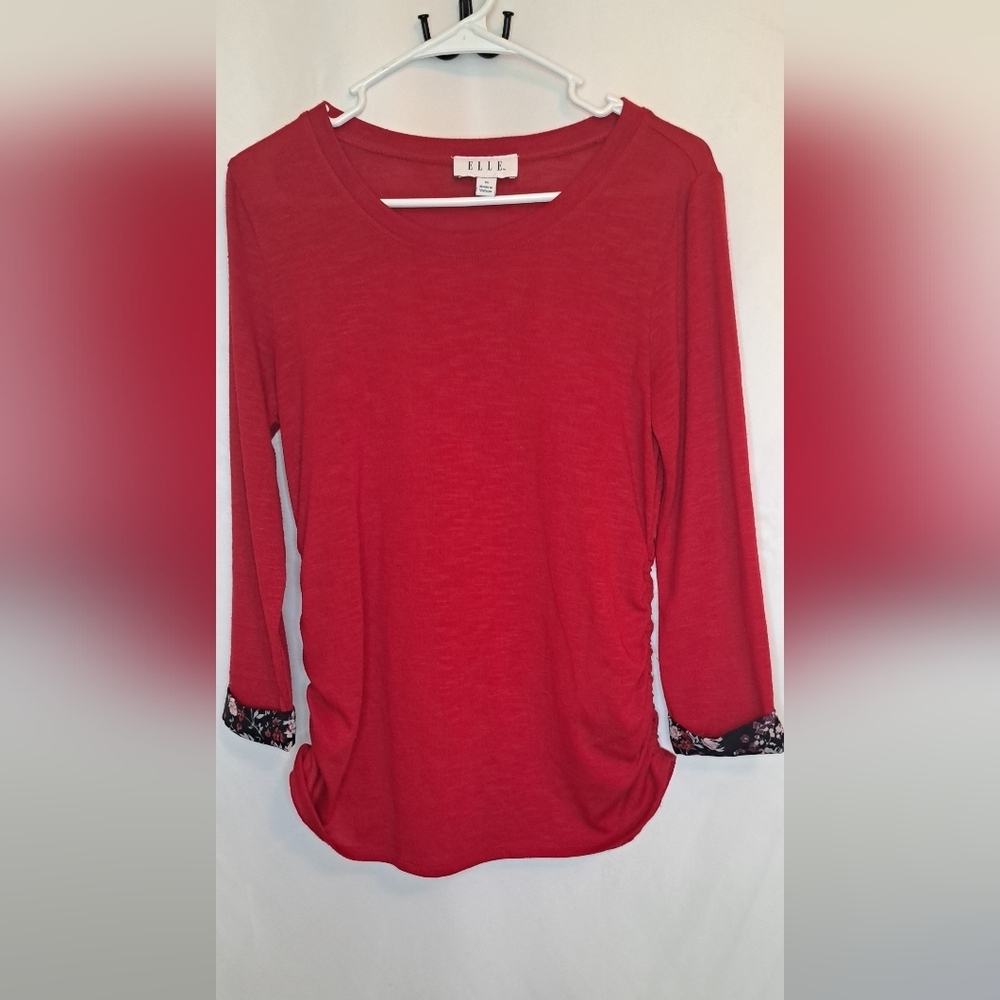 Elle Red Long Sleeve Top with Floral Cuffs